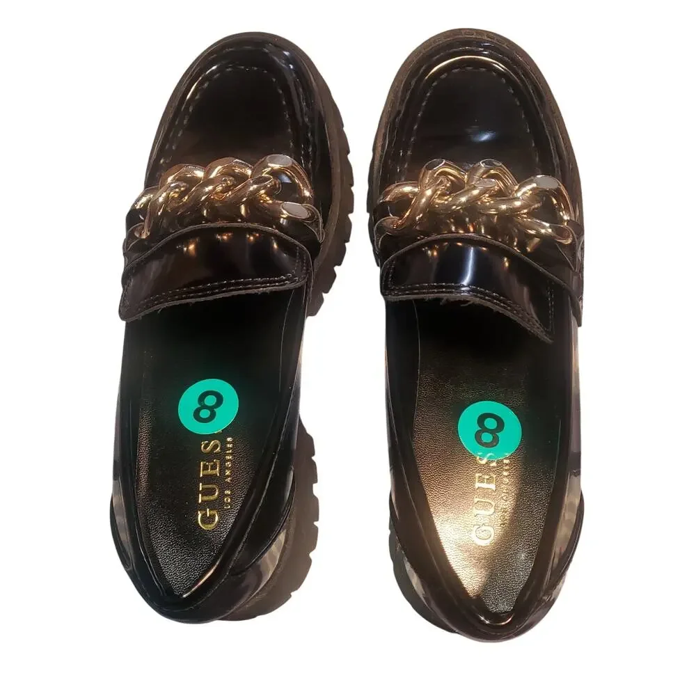 GUESS Hillford Chunky Chain Loafers Black Patent Y2K Inspired Lug Sole Size 8